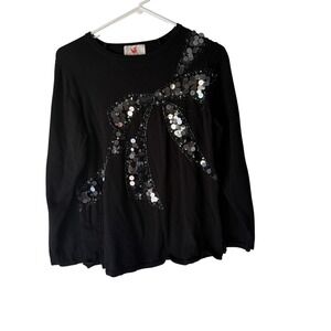 Quacker Factory Sweater Vintage Small Black Sequin Bow Long Sleeve Pullover Top